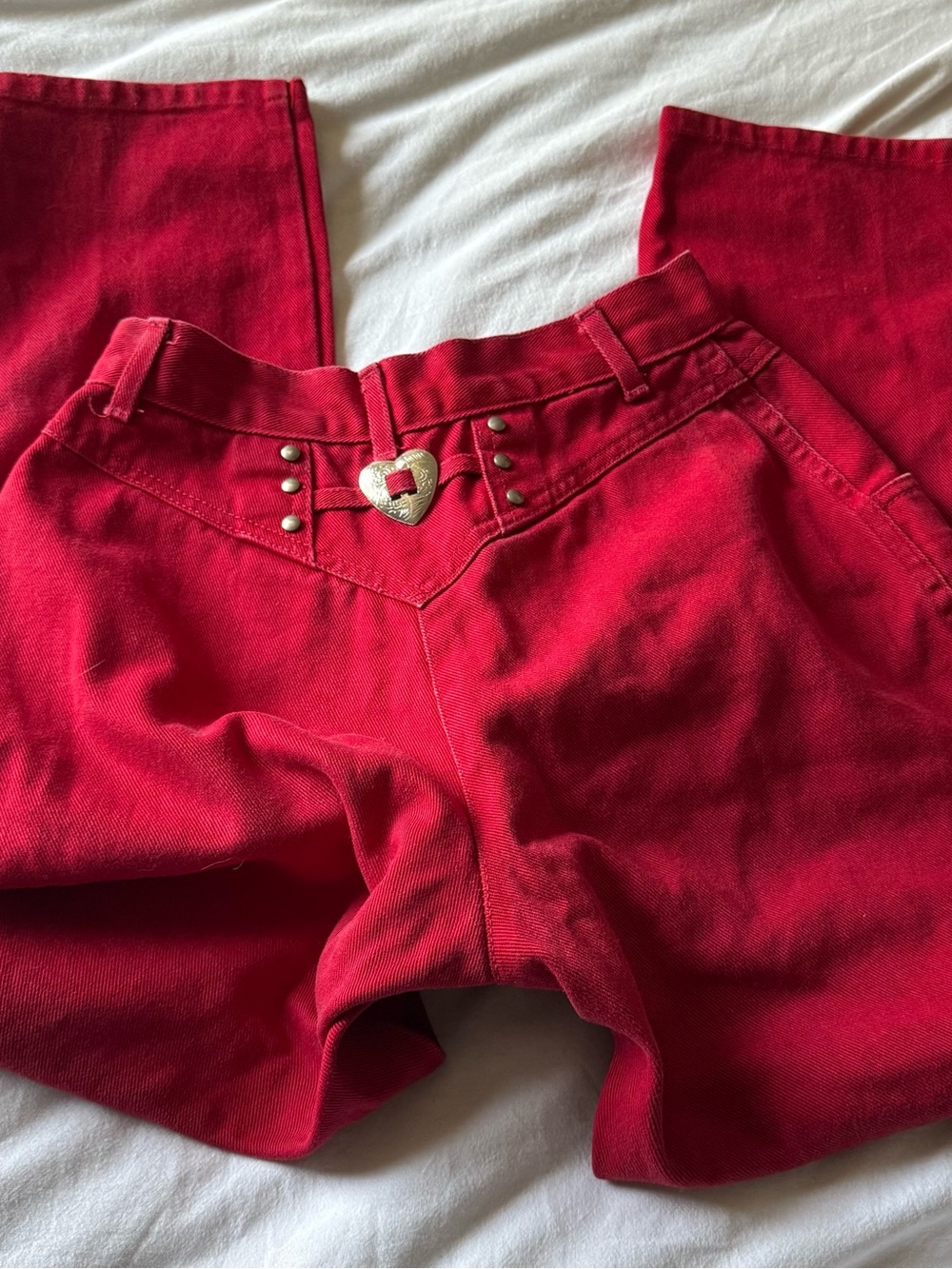 Vintage 90s Western Roper Red Boot Cut Jeans with Heart Belt Accent